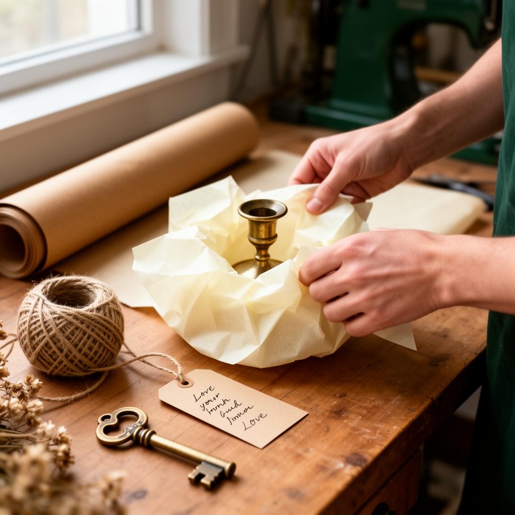 Hands carefully wrapping an antique candlestick in tissue paper for shipping
