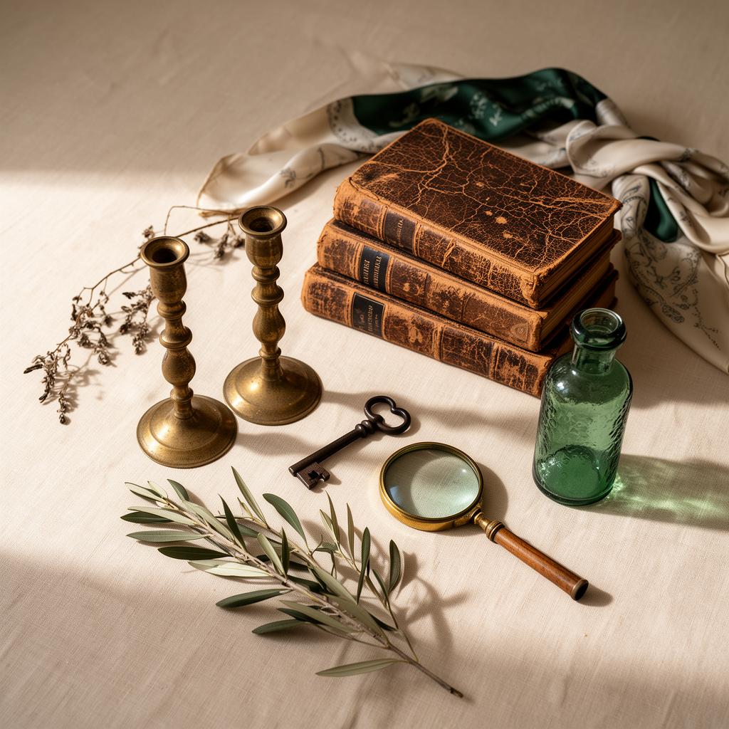 A curated still life of antique brass candlesticks, leather-bound books, and vintage objects